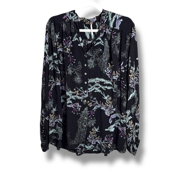 Free People Metallic Blooms Printed Puff Sleeve Blouse Size XS Oversized Floral - Picture 1 of 7